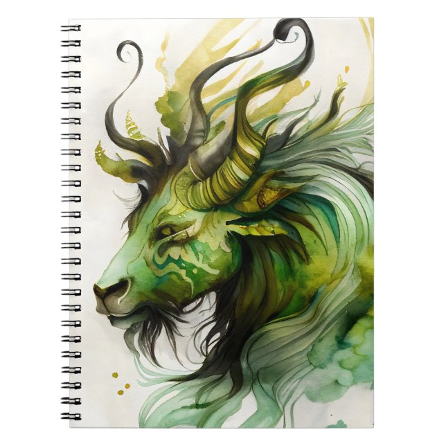 Fantasy Watercolor Qilin Kirin in Green and Gold Notebook (Front)