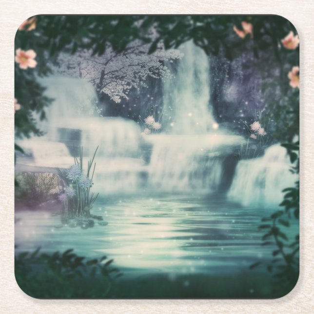 Fantasy Waterfall Cascader Square Paper Coaster (Front)
