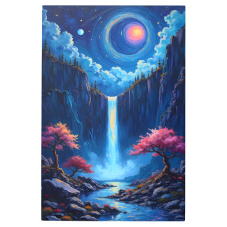 Fantasy Waterfall Landscape with Cherry Trees Metal Print