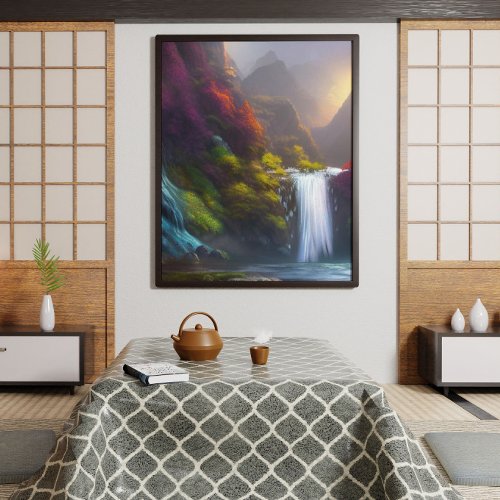 Fantasy Waterfall Mountain and Forest Nature Art Poster