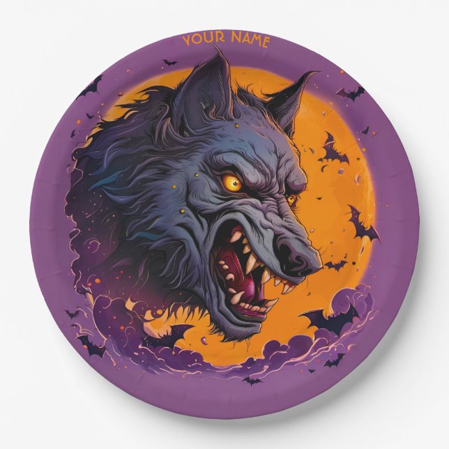 Fantasy Werewolf Moon Halloween Paper Plates (Front)