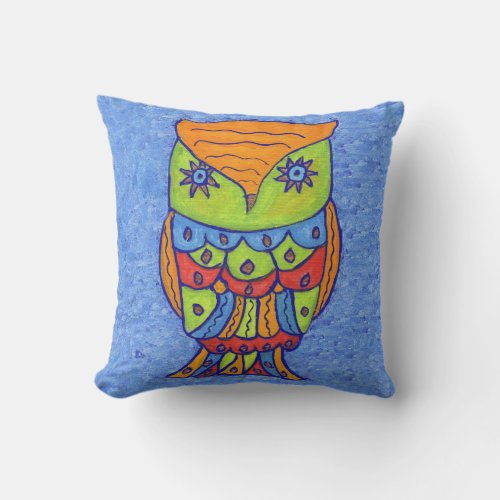 Fantasy Whimsical Owl Star Eyes Neon Colors Throw Pillow