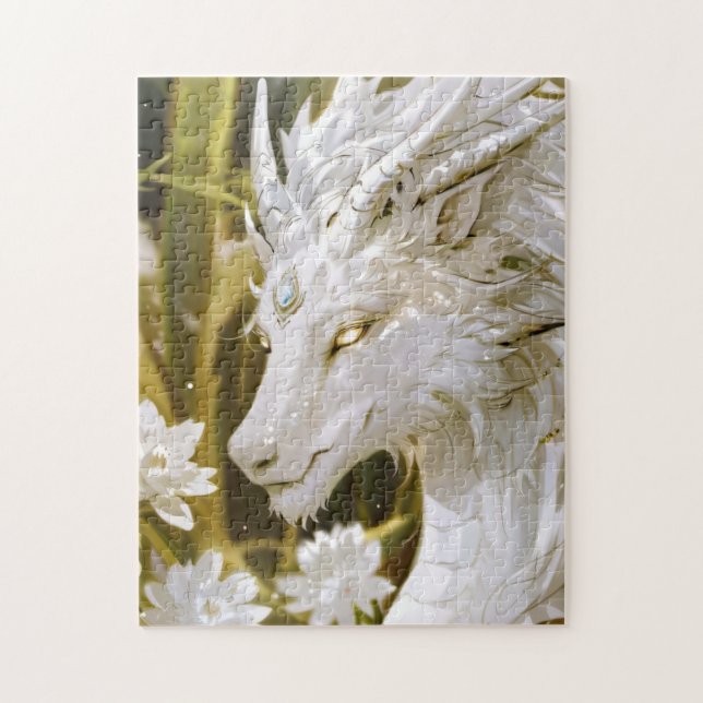 Fantasy White and Gold Dragon with Flowers Jigsaw Puzzle (Vertical)