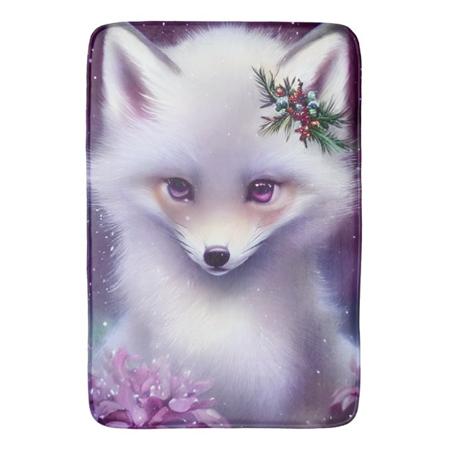 Fantasy White Baby Fox with Lavender Eyes Bath Mat (Front Vertical)