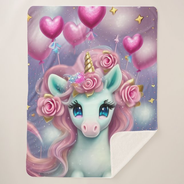Fantasy White Baby Unicorn with pink Hearts Sherpa Blanket (Front)
