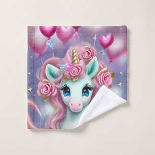 Fantasy White Baby Unicorn with pink Hearts Wash Cloth