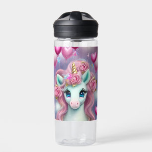 Fantasy White Baby Unicorn with pink Hearts Water Bottle
