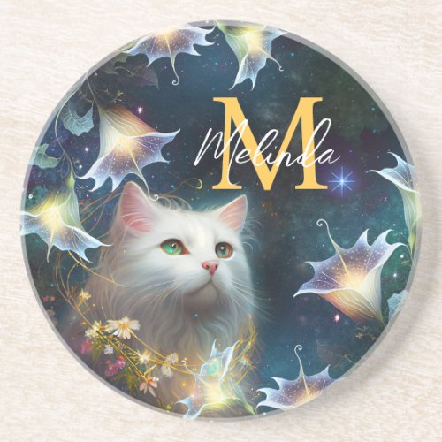 Fantasy White Cat and Lilies Coaster