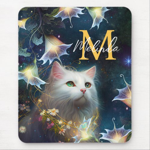 Fantasy White Cat and Lilies Mouse Pad