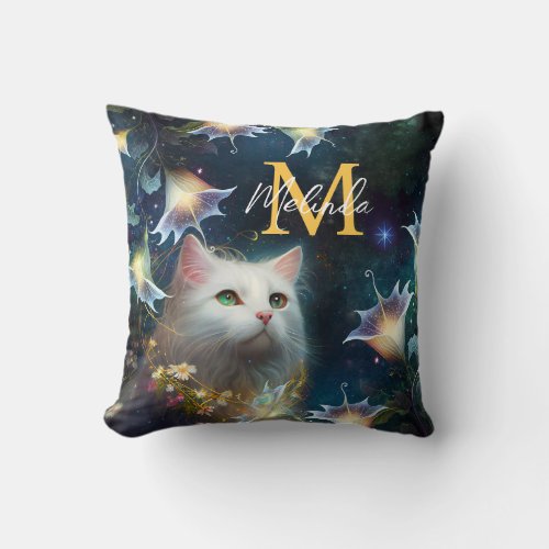 Fantasy White Cat and Lilies Throw Pillow