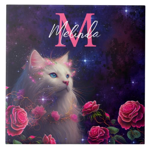 Fantasy White Cat and Pink Roses Ceramic Tile