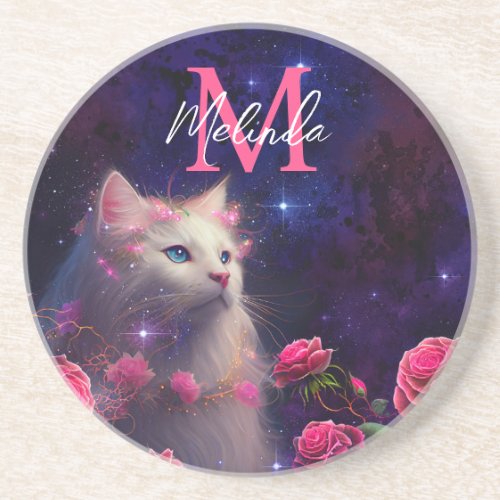 Fantasy White Cat and Pink Roses Coaster