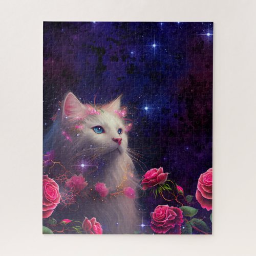 Fantasy White Cat and Pink Roses Jigsaw Puzzle