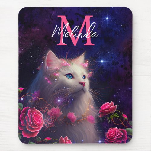 Fantasy White Cat and Pink Roses Mouse Pad
