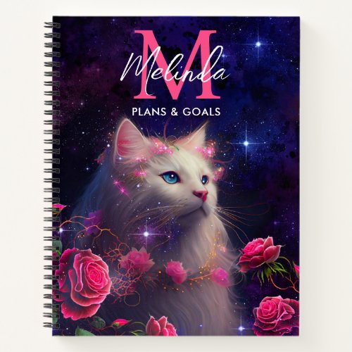 Fantasy White Cat and Pink Roses Notebook