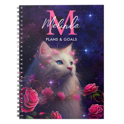 Fantasy White Cat and Pink Roses Notebook