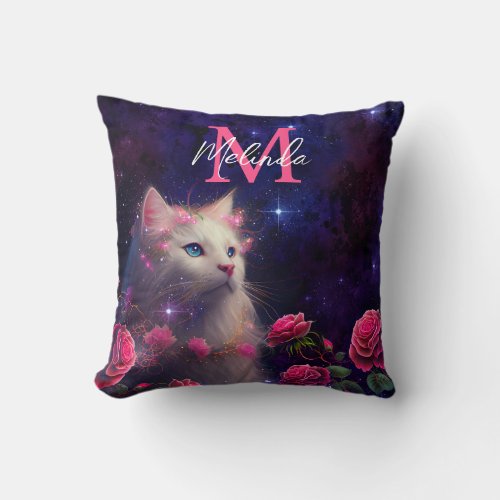 Fantasy White Cat and Pink Roses Throw Pillow