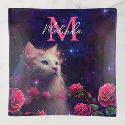 Fantasy White Cat and Pink Roses Trinket Tray