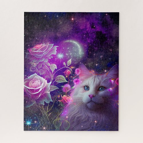 Fantasy White Cat and Roses Jigsaw Puzzle