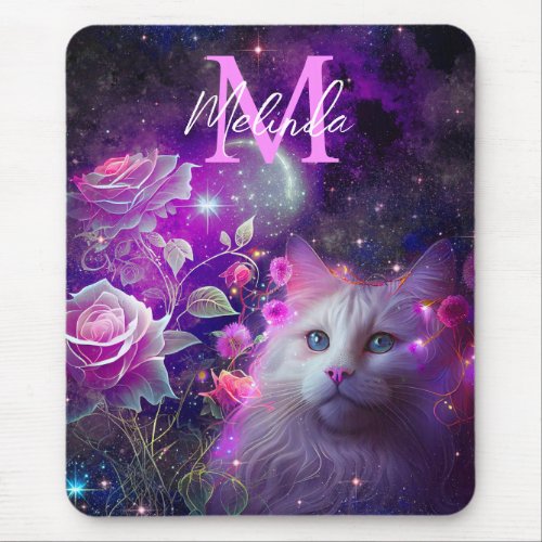 Fantasy White Cat and Roses Mouse Pad