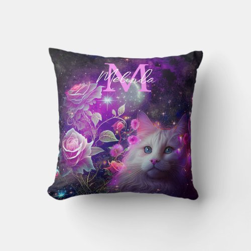Fantasy White Cat and Roses Throw Pillow