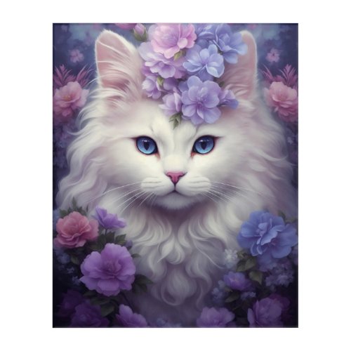 Fantasy White Cat with Flowers Acrylic Print