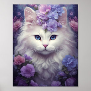 Fantasy White Cat with Flowers Poster