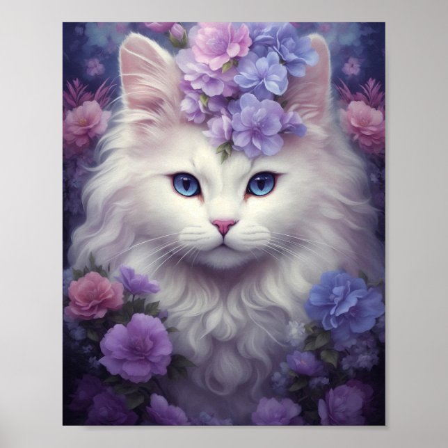 Fantasy White Cat with Flowers Poster (Front)