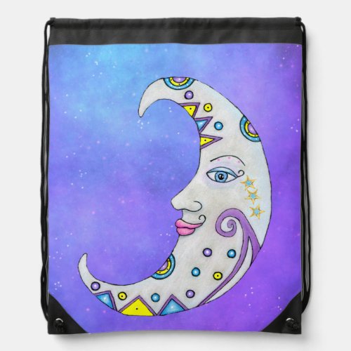 Fantasy White Crescent Moon Colorful Markings Sky Drawstring Bag