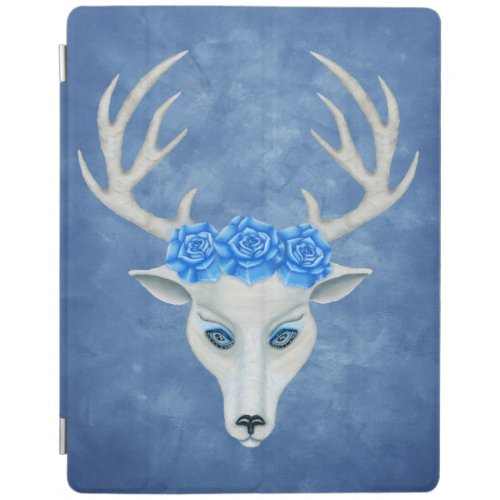 Fantasy White Deer Face With Antlers Blue Roses iPad Smart Cover