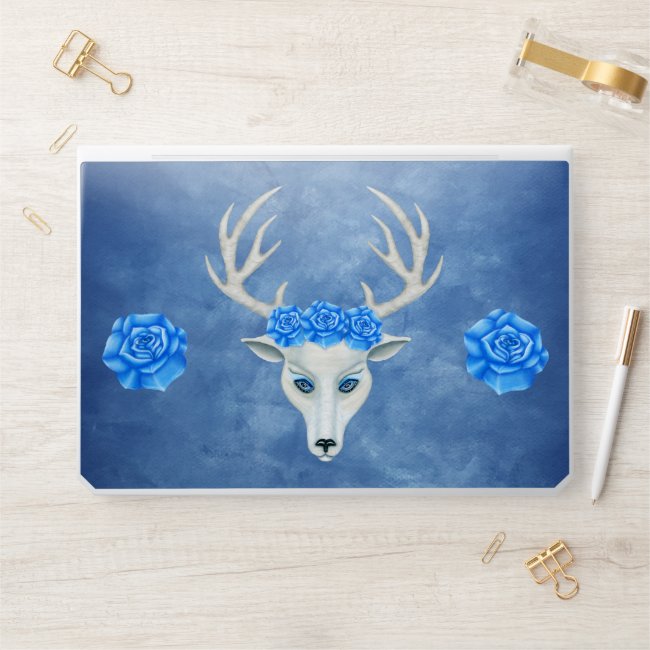 Fantasy White Deer Head Antlers Big Blue Roses