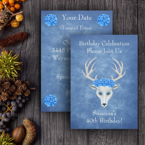 Fantasy White Deer Head Antlers Blue Rose Birthday Invitation