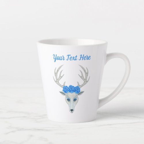 Fantasy White Deer Head Antlers Pretty Blue Roses  Latte Mug
