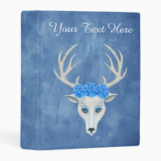 Fantasy White Deer Head Antlers Pretty Roses Blue Mini Binder
