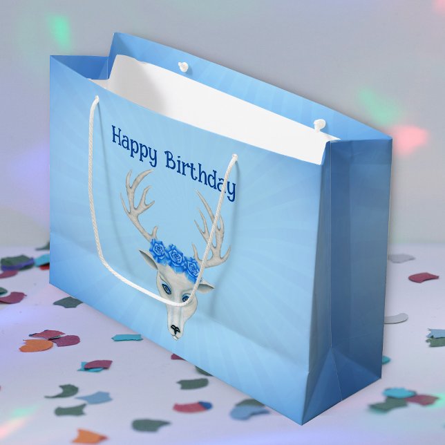 Fantasy White Deer Head Antlers Roses Birthday Large Gift Bag (white fantasy deer head big antlers blue roses and eyes on light blue Happy Birthday gift bag.)