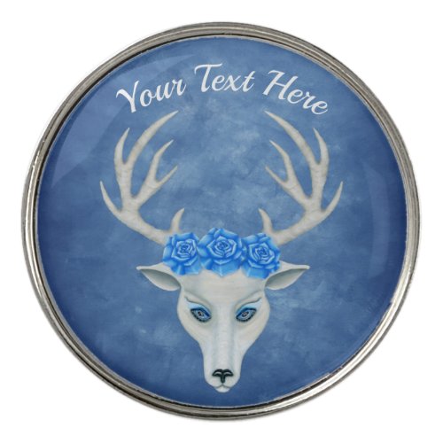 Fantasy White Deer Head Antlers Roses Misty Blue Golf Ball Marker