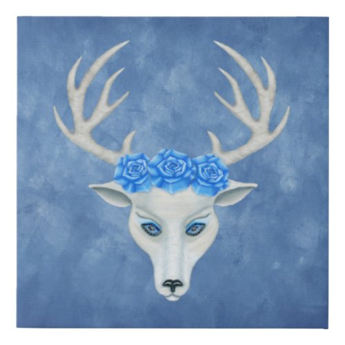 Fantasy White Deer Head Big Blue Roses Antlers Faux Canvas Print
