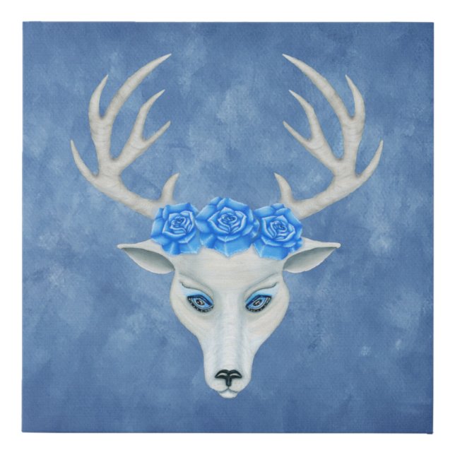Fantasy White Deer Head Big Blue Roses Antlers Faux Canvas Print (Front)