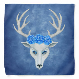 Fantasy White Deer Head Blue Eyes Big Roses Bandana