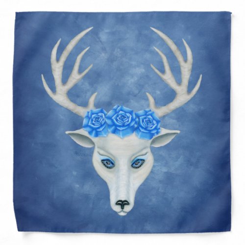 Fantasy White Deer Head Blue Eyes Big Roses Bandana