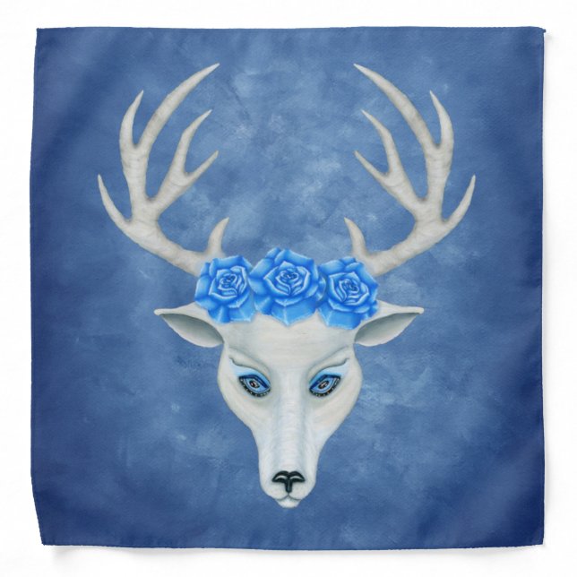 Fantasy White Deer Head Blue Eyes Big Roses Bandana (Front)