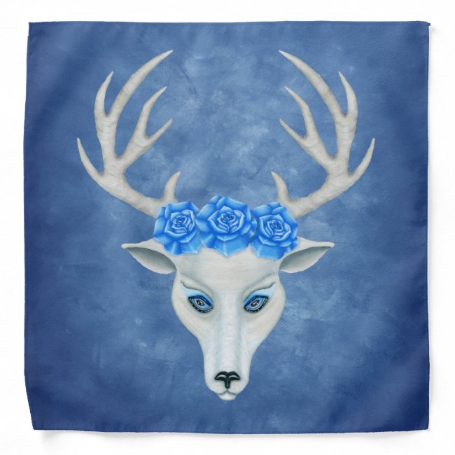 Fantasy White Deer Head Blue Eyes Big Roses