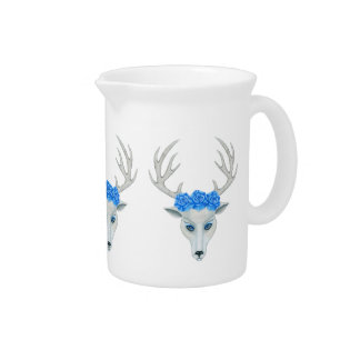 Fantasy White Deer Head Blue Eyes Roses antlers Beverage Pitcher