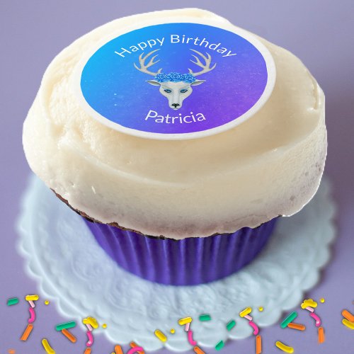 Fantasy White Deer Head blue Eyes Roses Purple Edible Frosting Rounds