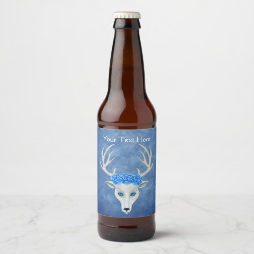 Fantasy White Deer Head Mysterious Face Blue Roses Beer Bottle Label
