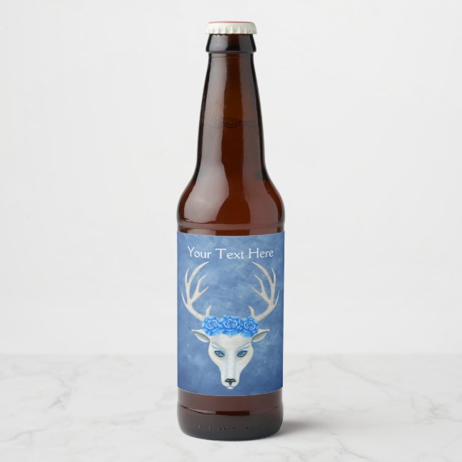 Fantasy White Deer Head Mysterious Face Blue Roses