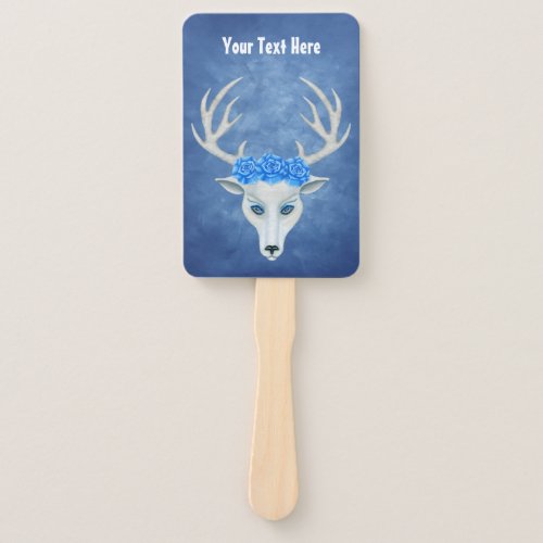 Fantasy White Deer Head Mysterious Face Blue Roses Hand Fan
