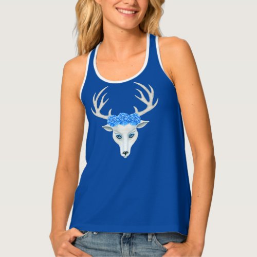 Fantasy White Deer Head Pretty Blue Roses Antlers Tank Top