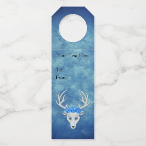 Fantasy White Deer Head Pretty Roses Misty Blue Bottle Hanger Tag