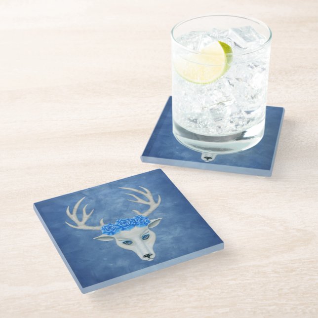 Fantasy White Deer Head Roses Antlers on Blue Glass Coaster (Angled)